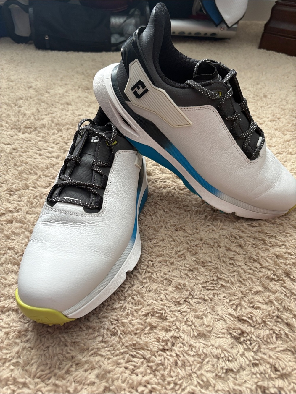 FootJoy Men’s White Golf Shoes with Blue and Black Accents